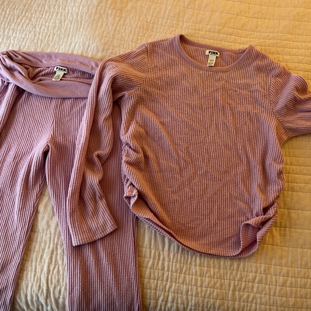 Pink Ribbed Waffle Knit Two-Piece Set